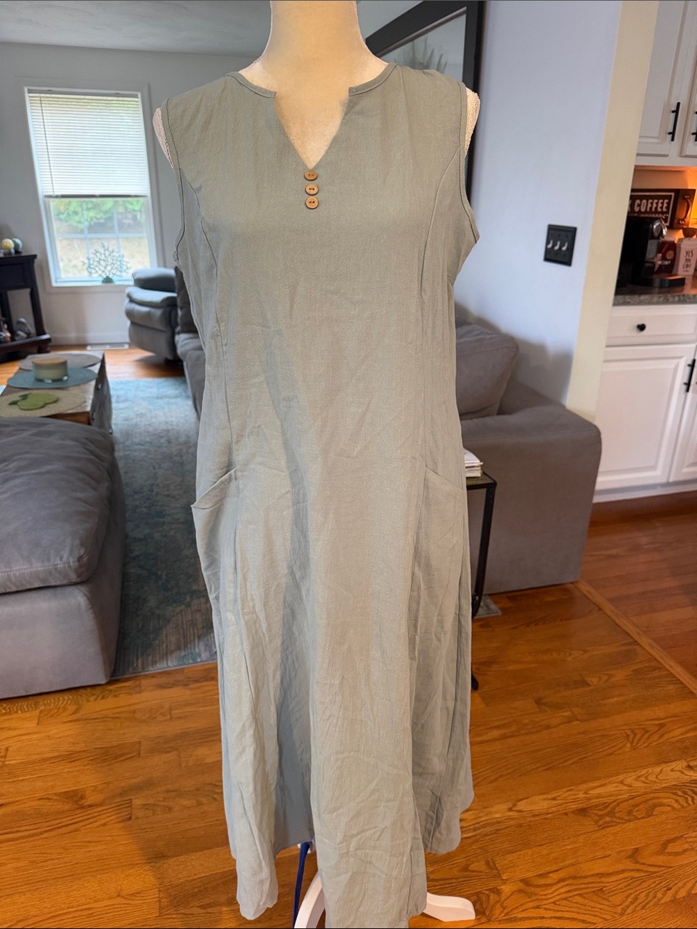 Sleeveless Sage Green Shift Dress with Button Detail